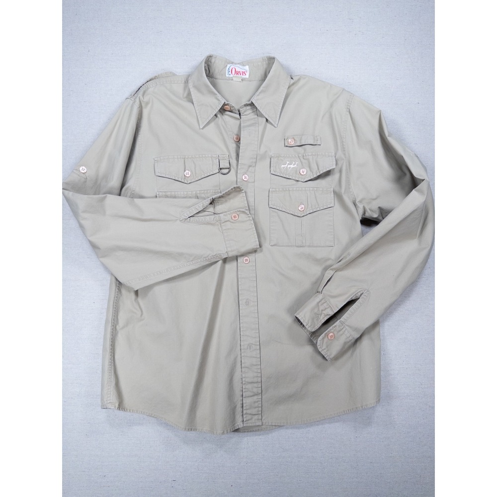 Orvis Mens Khaki Long Sleeve Fishing Shirt Utility Safari Button Up Tan L